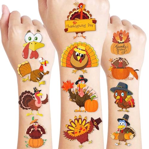 Turkey Temporary Tattoos for Kids ? 96PCS Fall&Thanksgiving Tattoos Stickers with Cute Turkeys, Leaves,Pumpkins ? Turkey Birthday Party Decorations, Supplies, Favors,Gifts School Events,Holiday Fun