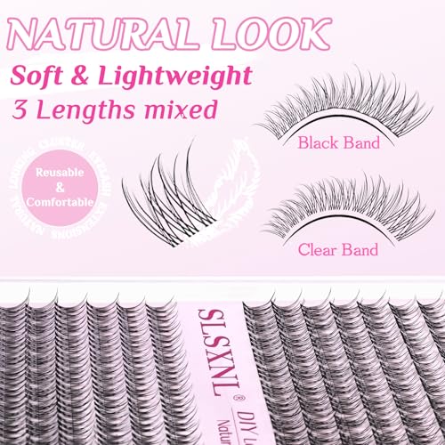 Natural Lash Clusters Wispy Clear & Black Band Cluster Eyelash Extensions 10-12MM Short Natural Look C Curl Thin Band False Eyelashes