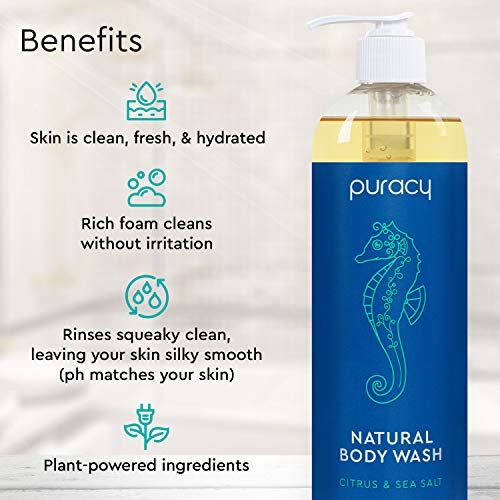 Puracy Body Wash, Natural Body Wash, 98.6% Pure Plant Ingredients, Moisturizing Shower Gel for Women Men Kids, Body Soap for Dry Sensitive Skin. Gently Scented with Citrus & Sea Salt, 16 Oz (2-Pack)