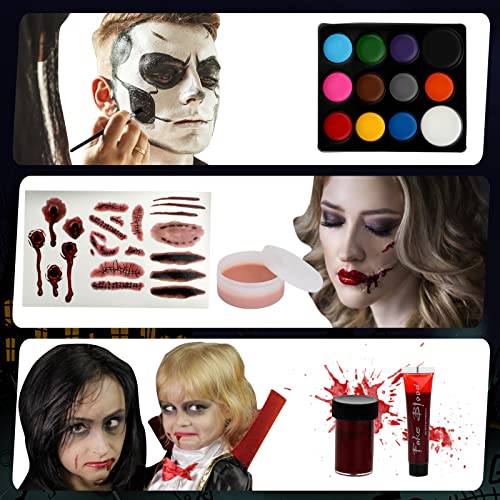 Halloween Makeup - Halloween Family Face Painting Kit Face Body Paint for Adult and Kids, All in 1 Halloween Makeup Set Face Paint with Fake Blood for Halloween Party Supplies