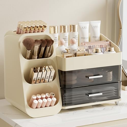 Aveniee Cream White Makeup Organizer with Drawers & Compartments, Vanity Storage for Cosmetics & Skincare