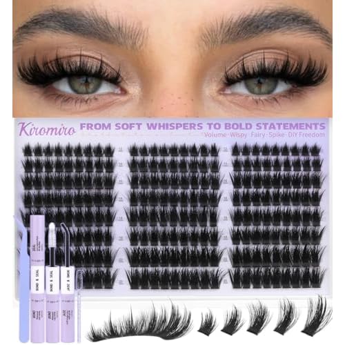 Kiromiro Lash Clusters Kit Cluster Eyelash Extensions 12-20mm Volume Individual Lash Clusters with Spikes 216pcs DIY Lash Extensions Kit Fluffy Manga Cluster Lashes Kit