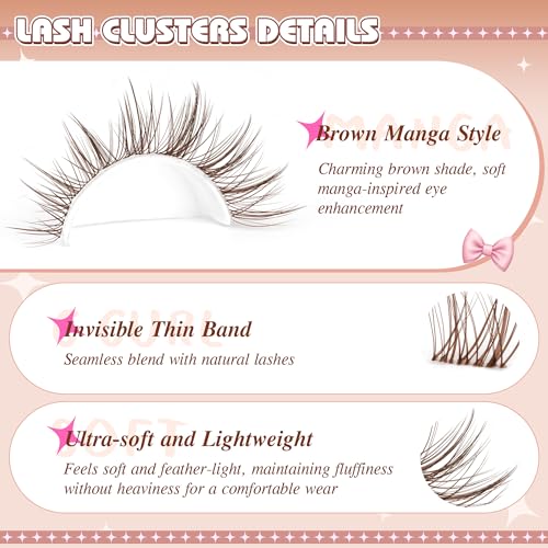 Brown Lash Clusters Wipsy Manga Lashes Clusters Natural Eyelash Clusters Dark Brown Lashes C Curl Cluster Eyelash Extensions Invisible Band False Eyelashes 10-16mm Cluster Lashes 144Pcs