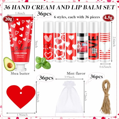 144 Pcs Valentine's Day Lip Balm Hand Cream Set Party Favors, Include 36 Red Valentine Lip Balm 36 Moisturizing Hand Cream 36 Bags 36 Love Cards and Ropes for Women Accessories Gifts