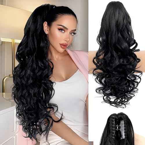 Ponytail Extension, 26 Inch Long Pony tails Hair Extensions for Women Wavy Curly Claw Clip Ponytail Fluffy Natural Fake Pony tail Hair Pieces for Women (Black, 26 Inch)