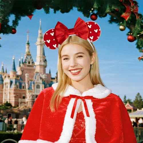 JIAHANG Christmas Velvet Mouse Ears Headband with Pearls, Red Hair Bow Hairband with Beads, Party Decoration Headwear Hair Accessories for Women Girls