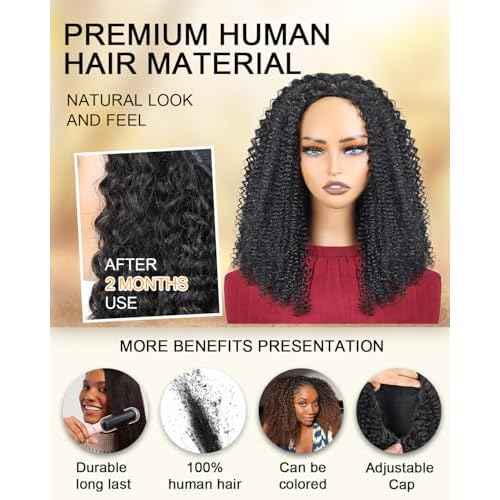 Kinky Curly Half Wig Human Hair 200% Density Wear And Go Glueless Wigs Human Hair Flexi-Fit Afro Curly 3 In 1 Half Wigs for Black Women Drawstring Seamless Flip Headband Wig 20 Inch
