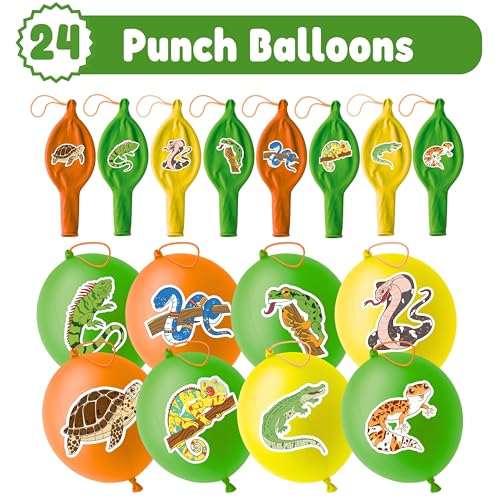 72 PCS Reptile Party Favors for Kids ? 48 Pre-Cut Temporary Tattoos & 24 Reptile Punch Balloons Themed Birthday Party Decorations Supplies Favors Gifts, Goodie Bag Fillers, Classroom Rewards