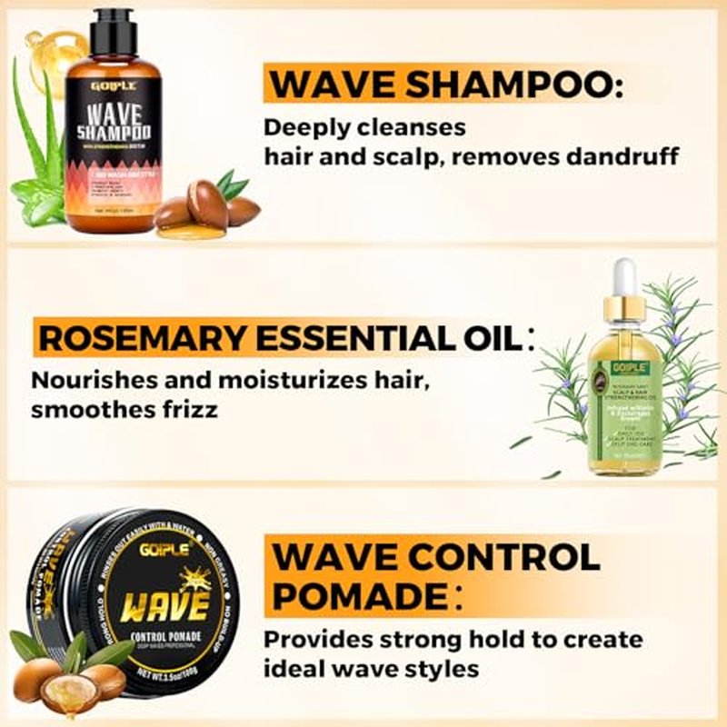 360 Wave Kit for Men - 3 Brushes, Durags, Pomade & Oil