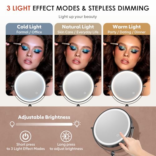 ZLOKLA 9-Inch Black Wall Mounted Lighted Makeup Mirror, 20X Magnification, Rechargeable & Dimmable