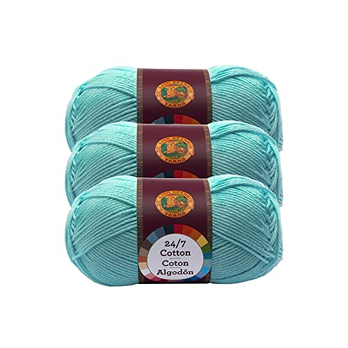 Lion Brand 24/7 Cotton Yarn, Lightweight Yarn for Knitting, Crocheting, and Crafts, Aqua, 3 Pack