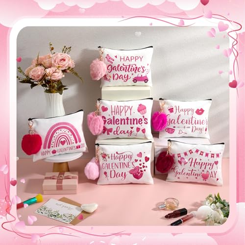 Landical 12 Sets Galentine's Day Makeup Bags Gifts Bulk for Woman Valentine's Day Canvas Bags with Zipper Pink Plush Heart Keychains Galentines Party Favors Supplies for Friends Besties Ladies