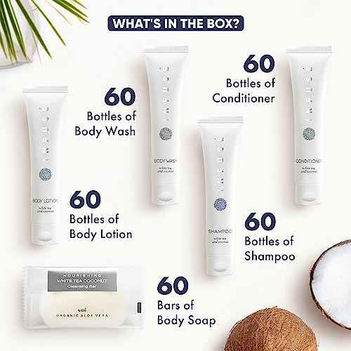 Infuse Pure White Tea and Coconut Hotel Soaps and Toiletries Bulk Set | 1-Shoppe All-In-Kit for Airbnb | 1oz Shampoo & Conditioner, Body Wash, Lotion & 1.25oz Bar Soap | Travel Size 300 Pieces