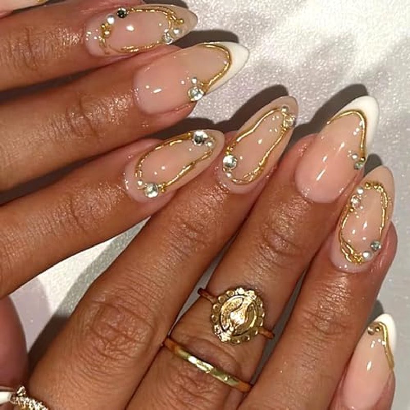 Medium Almond Press On Nails - Milky Nude with French Tips & Gold Accents