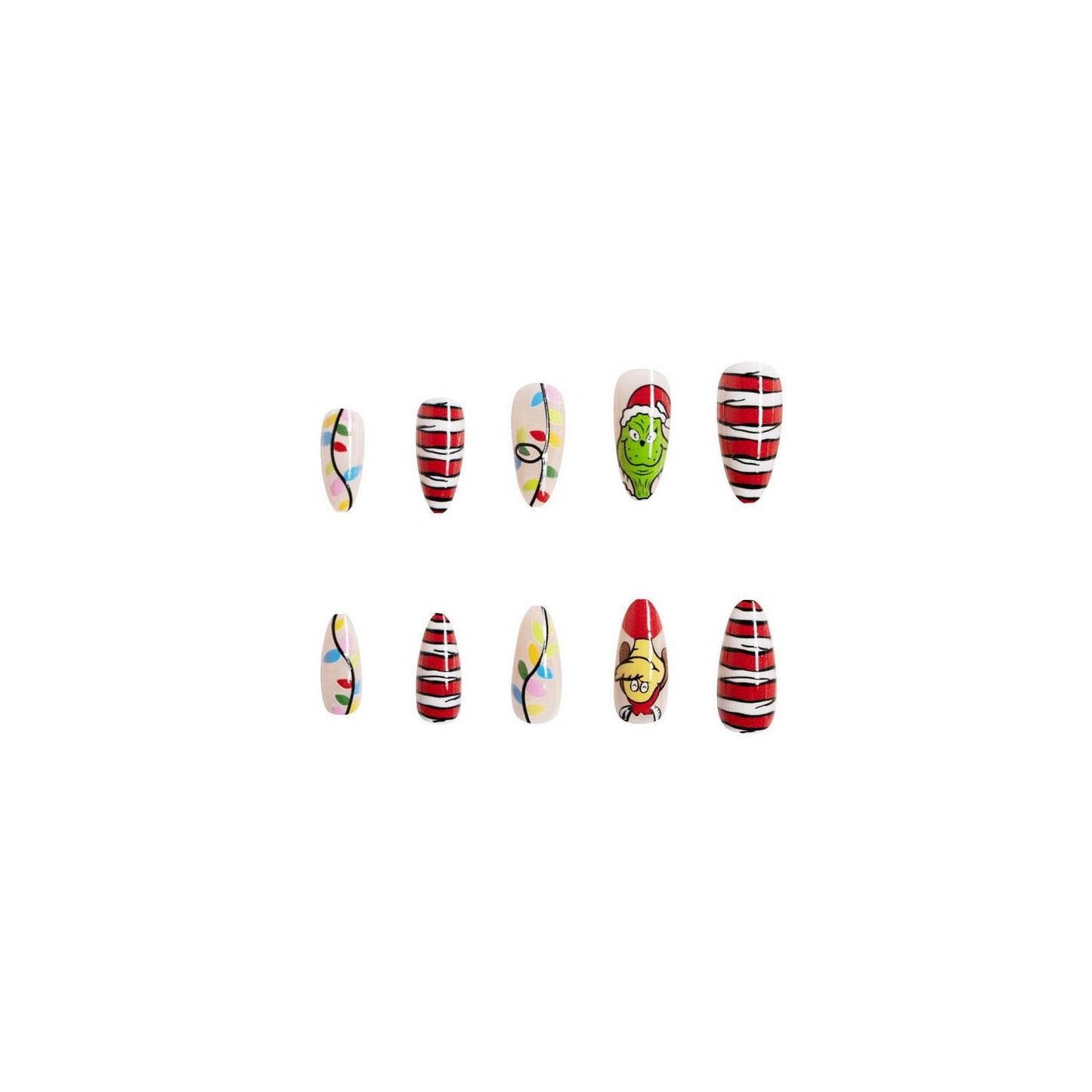 Christmas Press on Nails Almond Medium Fake Nails Cute Cartoon Grinchs Stick on Nails False Nails with Designs Acrylic Nails Winter Xmas Glue on Nails Full Cover Holiday Artificial Nails for Women