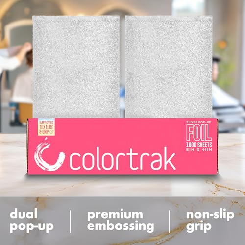Colortrak Embossed Sheets Silver Aluminum Foil Pop-up Dispenser, 1000 Pre-cut Sheets Non-slip Textured for Hair Foil Coloring and Highlighting Applications, Silver, 5 x 11