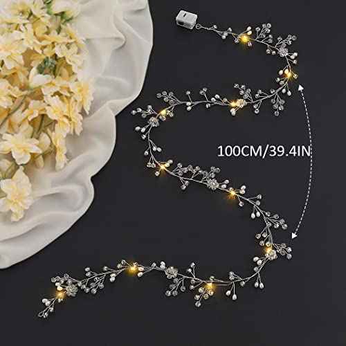 Yean Led Bride Wedding Hair Vine Long Light Up Bridal Headband Silver Crystal Hair Accessories Crystal Costume Party Headpiece for Women and Girls (100cm / 39.3inches)