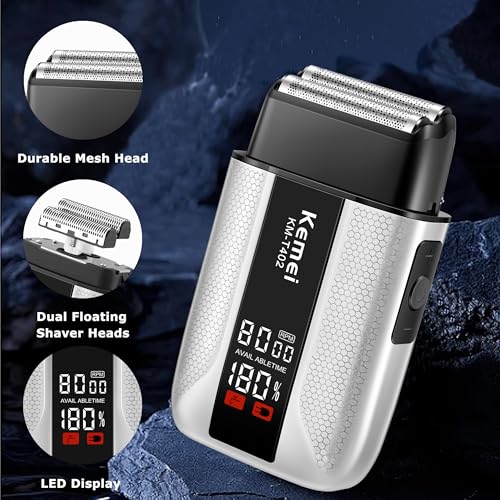 KEMEI T402 Professional Foil Shavers for Men, IPX7 Waterproof Electric Razor for Men with LED Display, Double Electric Shaver with 3 Adjustable Speeds & UV Cover