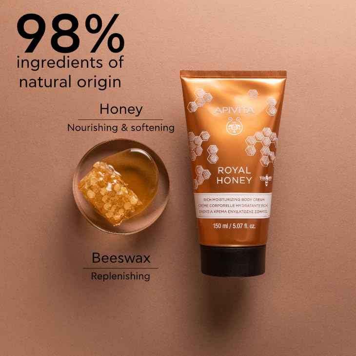 Apivita Royal Honey Rich Moisturizing Body Cream | Deeply Moisturizes, Nourishes & Replenishes with Honey & Beeswax, 150 mL / 5.07 oz