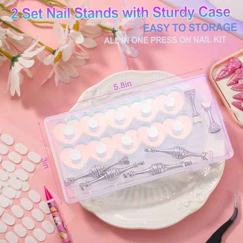 2 Set Nail Stands, Thickened Metal Nail Stand for Press Ons, Aurora Heart Nail Polish Holder for Painting, Fake Nail Display Stand Nail Practice Magnetic Nail Art Tools w/ 100Pcs Reusable Glue Tabs