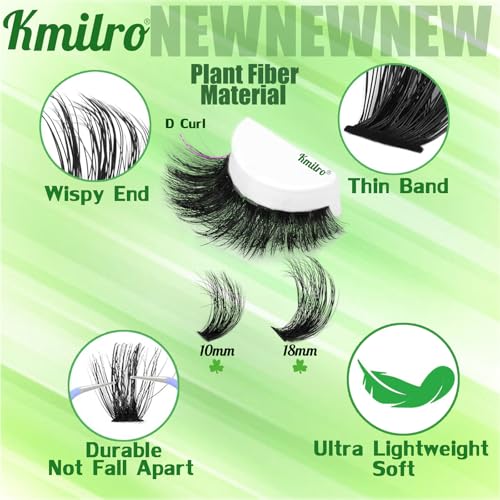 Kmilro Fluffy Lash Clusters Kit 10+18mm Thick Cluster Eyelash Extensions Kit 180D D Curl Volume DIY Lash Extension 220pcs Thin Band Soft Wispy Individual Lashes Kit with Bond and Seal Lash Tweezers