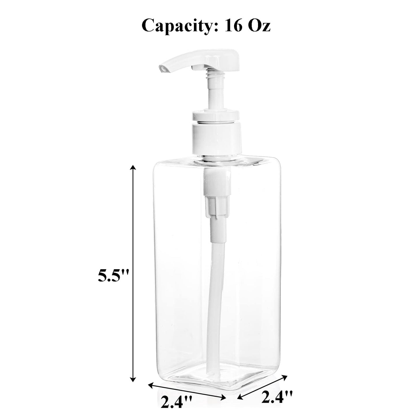 Okllen 12 Pack 16 Oz Plastic Pump Bottles, Empty Refillable Container Liquid Soap Dispenser for Shampoo, Lotion, Cleaning Products, Kitchen, Bathroom, Clear Square