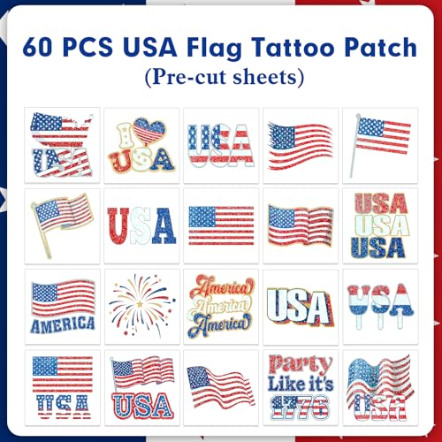 HOWAF 4th of July Temporary Tattoos, 60pc Glitter Flag Stickers