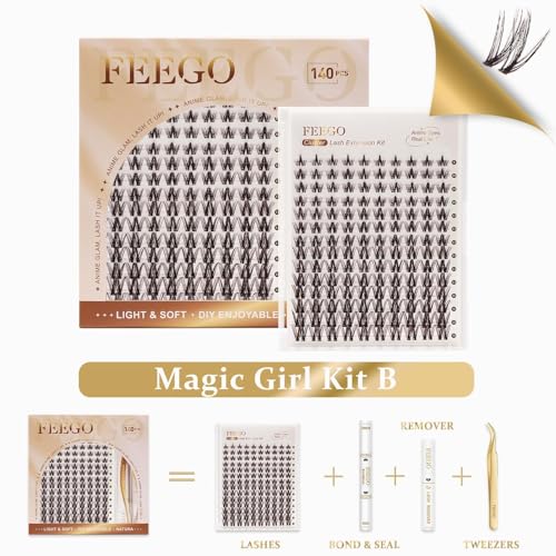 FEEGO Natural Lash Extension Kit 168Pcs Lash Clusters Kit Wispy Eyelash Extensions Individual Lashes Extensions with Bond and Seal Lash Glue and Eyelash Extension Tweezers DIY (MAGIC GIRL KIT - B)