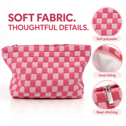 Marsrut 4-Piece Pink Checkered Makeup Bags Set | Large Capacity Cosmetic Organizer