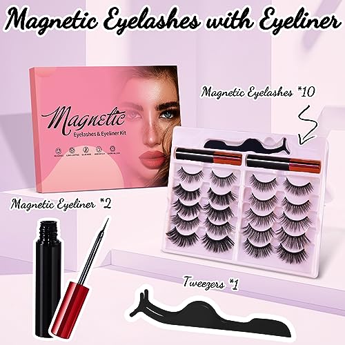 Awmyis Magnetic Eyelashes Kit with Eyeliner & Tweezers - 10 Pairs, 3D Natural Look, Reusable (Variation: 10)
