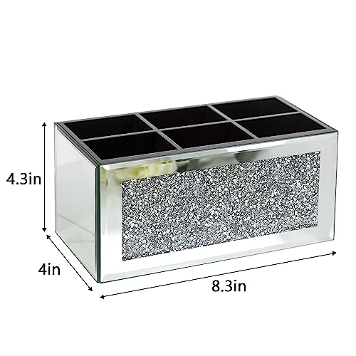 SHYFOY Makeup Brush Holder Organizer with Crushed Diamond 6 Slot Mirrored Make up Cosmetics Organizers and Storage for Vanity Countertop