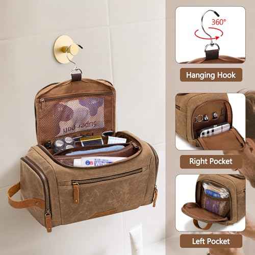 YARWO Hanging Toiletry Travel Bag for Men, Large Waxed Canvas Men Dopp Kit Hygiene Bag with Detachable Zipper Pouch, Water-resistant Shaving Storage Bag for Razor, Shower Essentials, Travel Toiletries