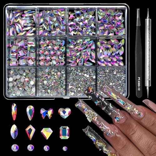 1660Pcs Crystal AB Nail Art Rhinestones: 8 Types of Multi Shapes Diamonds + 4 Sizes Flatback DIY Crafts Rhinestone Crystals 3D Glass Stones Set + Tweezer + Pickup Pen