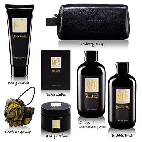 YARD HOUSE Bath and Body Spa Gift Baskets Set for Men - Sandalwood Amber - 7Pc Spa Kit w. Full Size Items in Leather Toiletry Bag - Fathers Day Birthday Gifts For Husband, Dad From Wife, Daughter Son