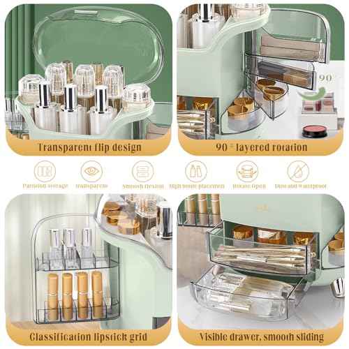 Makeup Organizer and Storage, Large Capacity Cosmetics Organizer with Waterproof and Dustproof, Makeup Organizer for Vanity with Lid and Drawer, Fit Bathroom,Bedroom, Desk,Countertops - Green