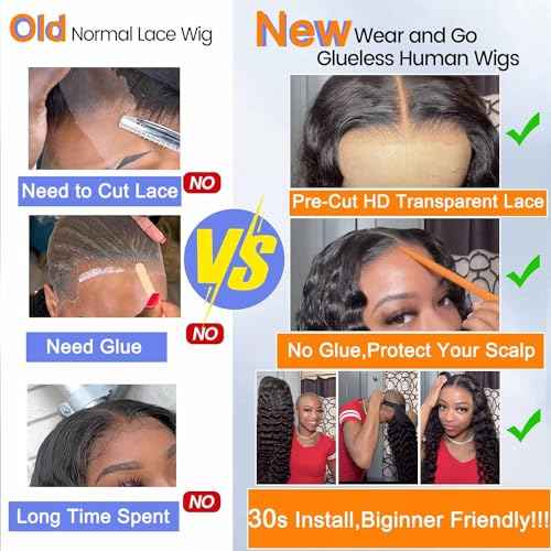 Wear and Go Glueless Wigs Human Hair Pre Plucked Pre Cut Deep Wave Lace Front Wigs Human Hair 4x4 Lace Closure Wig for Black Women Glueless (20 Inch)