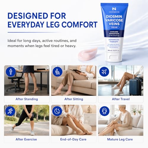 Hermon Diosmin Varicose Veins Relief Cream for Legs - Fast-Acting Skin Smoothing Gel, Made in Italy, 5.07 Fl Oz