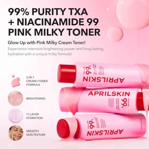 APRILSKIN TXA+Niacinamide 99 Pink Milky Toner | 99% High-Purity TXA 3%+ Niacinamide 5% for Brightening | Highly Concentrated Cream Toner | Deep Moisturizing Formula for Dull Skin | 5.07 fl.oz.