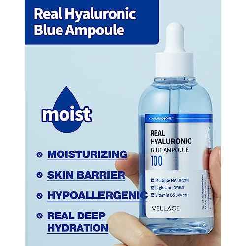 WELLAGE Real Hyaluronic Blue Ampoule 100, Korean Skincare, Fragrance Free Hyaluronic Acid Serum with Panthenol, Wild yam, Centella for Sensitive Dry Skin Moisturizer 1.01 fl.oz
