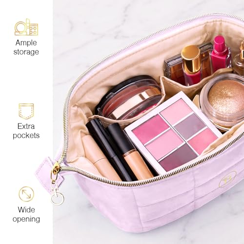 BLOOMORA Quilted Makeup Bag with Wide-Open Top & 3 Pockets