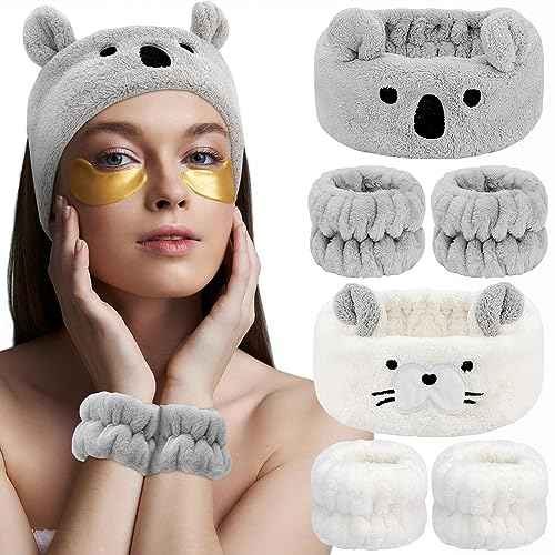 AHONEY Face Wash Headband and Wristband Set, Cute Makeup Spa Skincare Headbands Wrist Bands for Washing Face Headband for Women Girls Elastic Animal Hair Band (White&Grey)