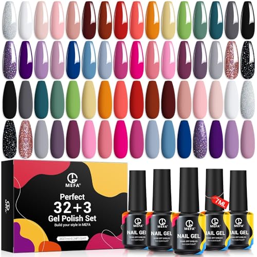 MEFA 56 Pcs Gel Nail Polish Kit with U V Light 48W Nail Dryer, 32 Colors Nude Pink Gray Gel Nail Polish Set with Base and Matte/Glossy Top Coat Nail Art Decorations Manicure Tools DIY Salon Home Gifts