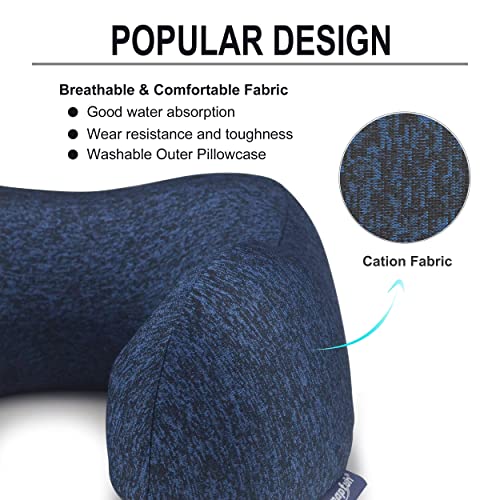 napfun Neck Pillow for Traveling, Upgraded Travel Neck Pillow for Airplane 100% Pure Memory Foam Travel Pillow for Flight Headrest Sleep, Portable Plane Accessories, Full Dark Blue, Medium (120-200LB)