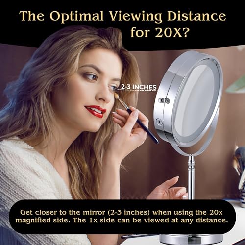 Ultra Zoom 20X Magnifying Lighted Table Mirror for Makeup - 20X & 1X Dual Sided LED Make-up Mirror with 3 Light Modes, Rechargeable Battery with USB Cable - 8" Wide & 15" Tall (Chrome)