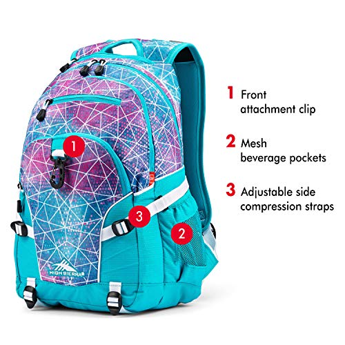 High Sierra Loop Backpack, Travel, or Work Bookbag with tablet sleeve, One Size, Sequin Facets/Bluebird/White