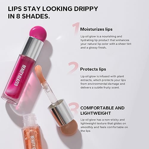 Beauty Glazed Color Variety Non-Sticky Ultra-Hydrating & Nourishing Lip Oil, Smooth Glossy Finish Luxurious Lip Glow Oil, Shiny and Vegan Tinted Lip Gloss, Big Brush Applicator (103# BERRY)