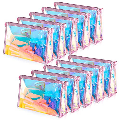 BESARME10 Pcs Holographic Makeup Bags Bulk, Clear Portable Zippered Toiletry Bag for Bachelorette Party Favors Waterproof Cosmetic Bags Wedding Gifts for Bride Bridesmaids
