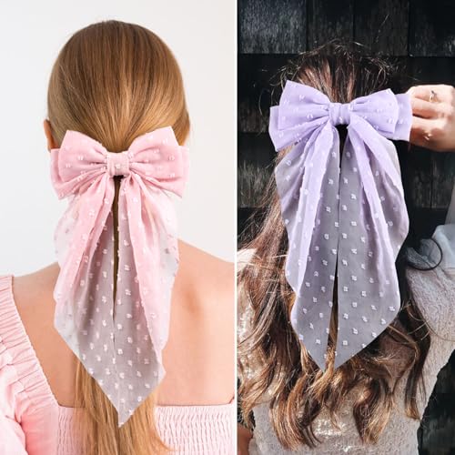 Large Hair Bows for Women,CEELGON 4 PCS Big Bow Clips for Girls French Barrette Bowknot with Long Tail for Women(Beige, Light Pink,Light Purple,Blue)