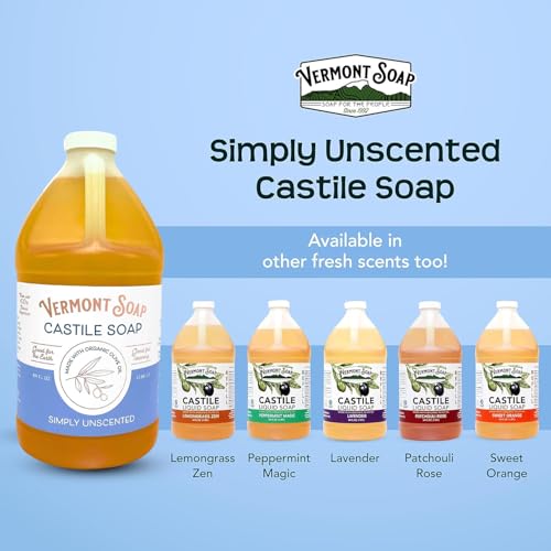 Vermont Castile Soap Unscented, Gentle Liquid Soap for Sensitive Skin & Natural Body Wash, Organic Hair Shampoo for Oily Hair, Aloe Castile Soap for Men & Women - 64 Oz