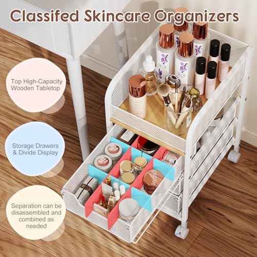 Narrow Rolling Makeup Cart Organizer with 3 Drawers - White